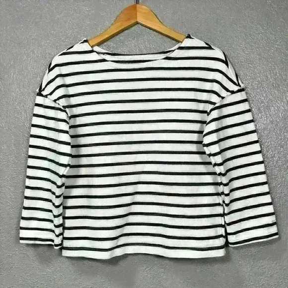 MADEWELL Striped Crop ¾ Sleeve Raw Seam Heavyweight Cotton Sweater Women Small - Picture 1 of 10
